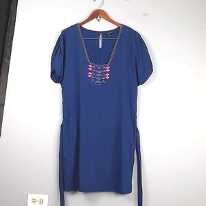 Banana Republic Beaded Embellished Blue Short Sleeve Tie Waist Shift Dress